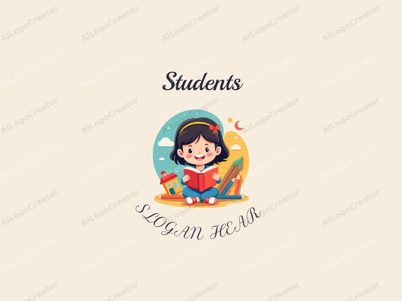 playful design features a cheerful little girl reading a book, surrounded by colorful school elements like pencils and a school building, combined with a clean background.