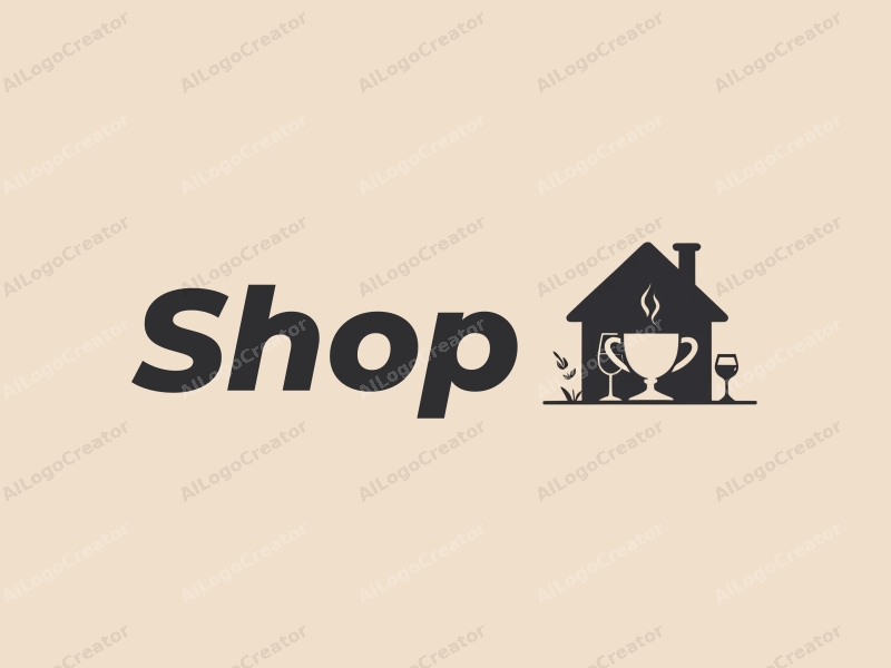 modern design features a stylized shop silhouette, a wine glass and trophy integrated into the composition, combined with a clean background.