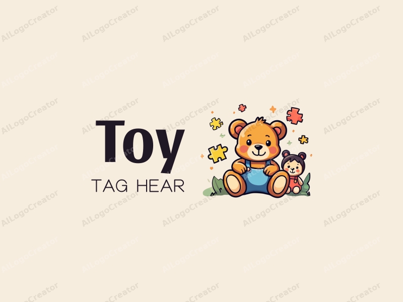 playful design features a colorful teddy bear surrounded by puzzle pieces and a doll, combined with a clean background.