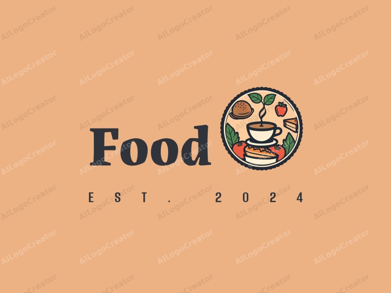 a modern design featuring vibrant food elements, a stylized coffee cup, and a cake silhouette combined with a clean background.