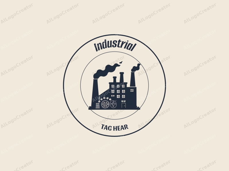 modern design features a stylized factory silhouette with gears and chimneys, utilizing a clean and simple composition with a focus on industrial elements.