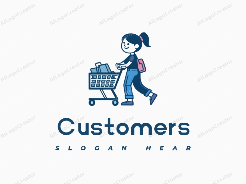 a modern design featuring a smiling shopper pushing a shopping cart, with a clean and simple layout, incorporating blue tones and a harmonious composition.