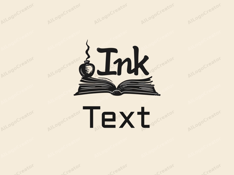 modern design features stylized text and font, an abstract representation of books and ink, combined with a clean background.