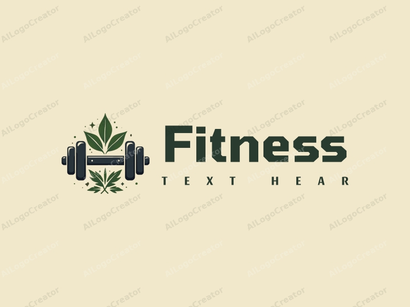 modern design features stylized weights and dumbbells, natural elements like leaves or trees, combined with a clean background.