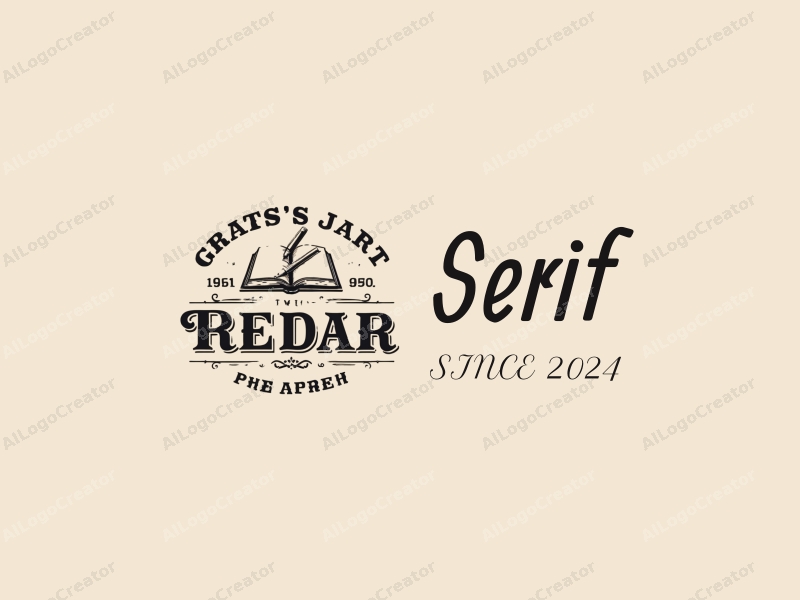 vintage design features elegant serif fonts, a stylized book and pen, combined with a clean background.