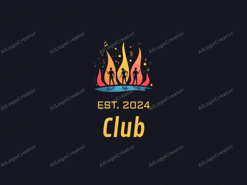 a modern design featuring a stylized club scene with abstract representations of music notes and dance figures, combined with a clean black background.