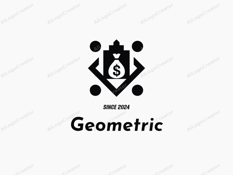 geometric design features a harmonious combination of squares and circles, incorporating a stylized building and a money bag, set against a clean black and white background.