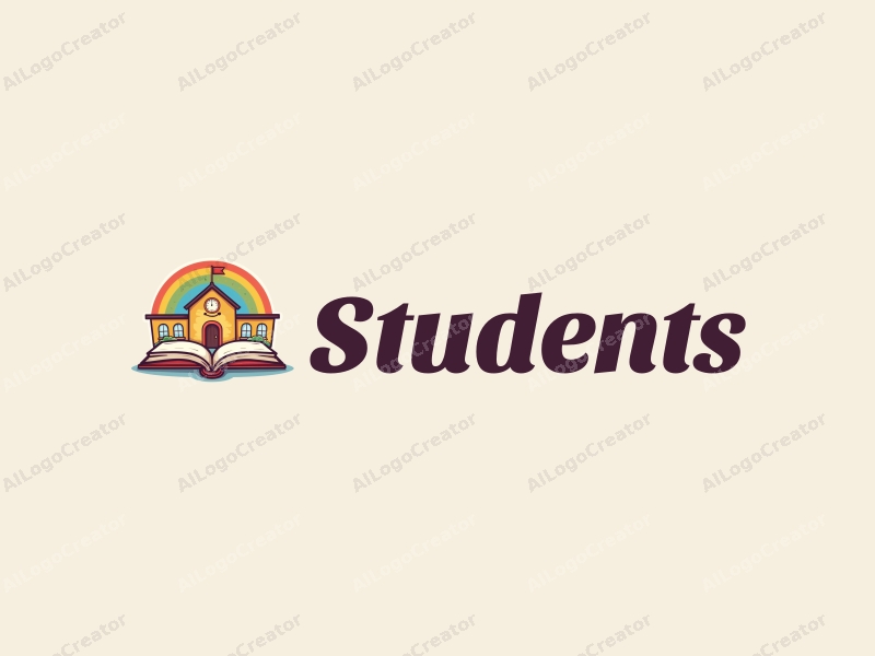 playful design features a cheerful student character, a stylized school building, an open book, and a vibrant rainbow, combined with a clean background.