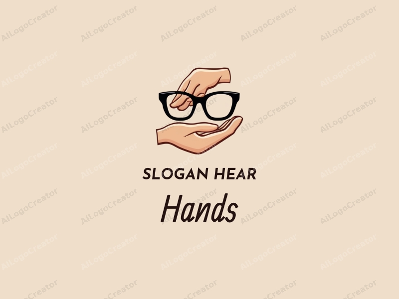 a modern design featuring a hand holding an object, another hand wearing glasses, with a skin tone color palette, combined with a clean and simple background.