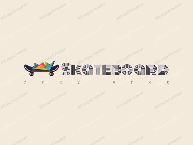 diseño divertido que presenta una patineta vibrante integrada con formas triangulares, creando una composición dinámica y enérgica sobre un fondo limpio.