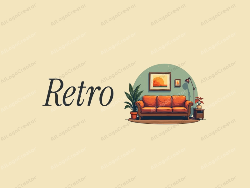 vintage design features a retro sofa and a retro poster, combined with elements symbolizing energy and trust, set against a clean background.