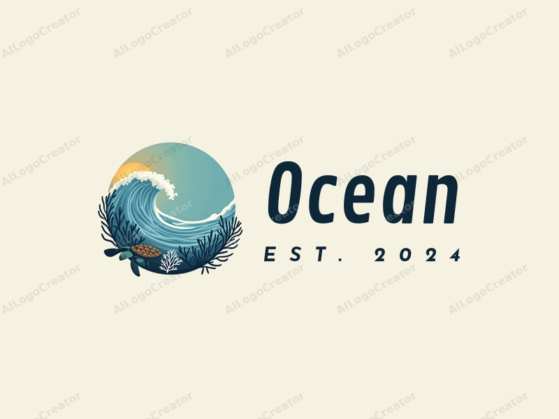 a modern design featuring stylized waves, marine life including coral and a sea turtle, combined with a clean background and harmonious composition.