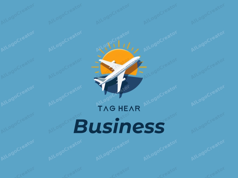 a modern design featuring a stylized airplane and sun, combined with business and office elements, set against a clean blue background.