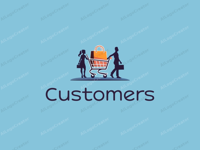 a modern design featuring a stylized shopping cart and a fashionable bag, combined with silhouettes of customers and shoppers, all set against a clean blue background.