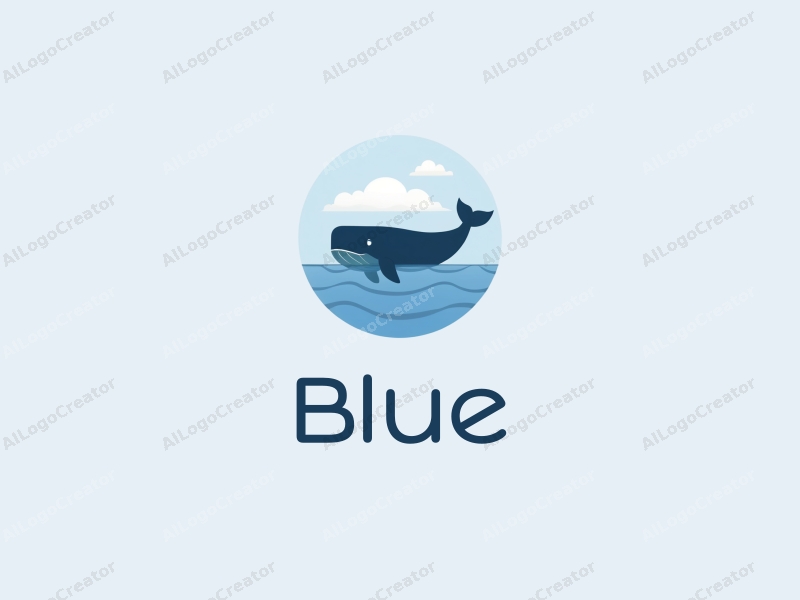 minimalist design features a stylized whale swimming through a clean blue ocean, with soft clouds floating in a clear sky, creating a harmonious and simple composition.