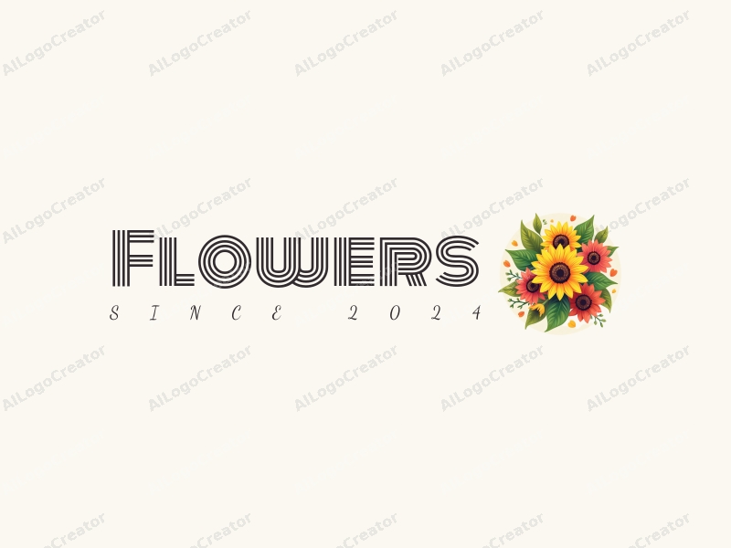 playful design features vibrant flowers and petals, sunflowers with bright colors, and lush green leaves, combined with a clean background.