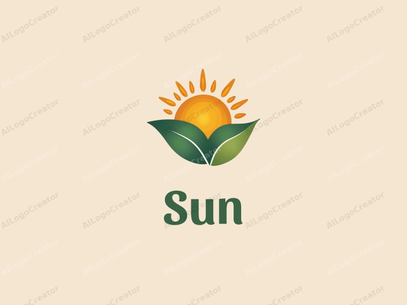 playful design features a stylized sun with rays emanating from it, surrounded by vibrant leaves, combined with a clean background.