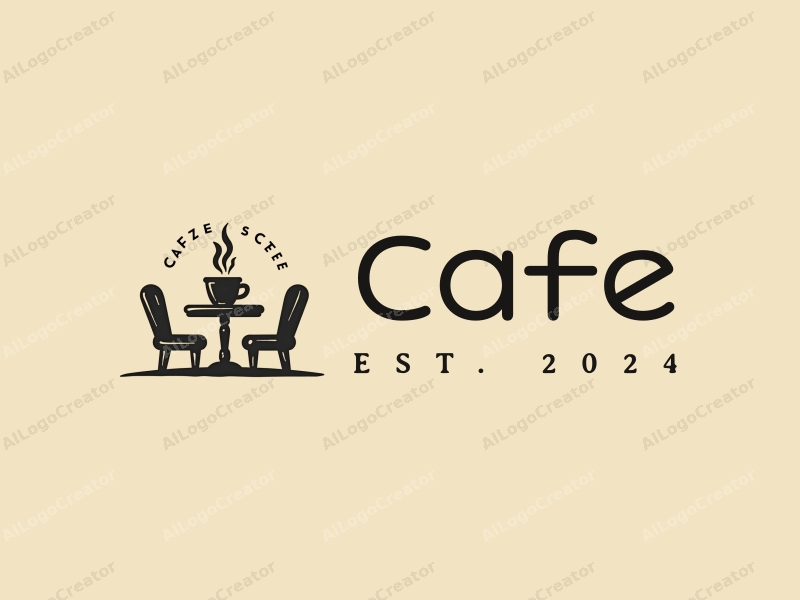 vintage design features a stylized coffee cup, retro table, and chairs, combined with a clean background.