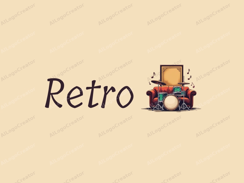 vintage design features a retro sofa and a retro poster, combined with a drum set and vintage musical notes, set against a clean background.