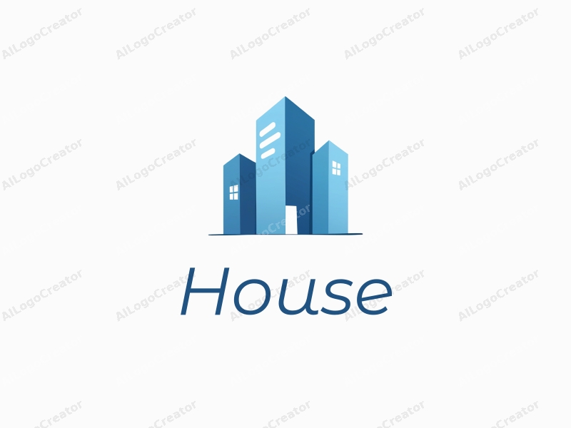 modern design features a stylized house silhouette, a contemporary building structure, and a blue color palette combined with a clean background.