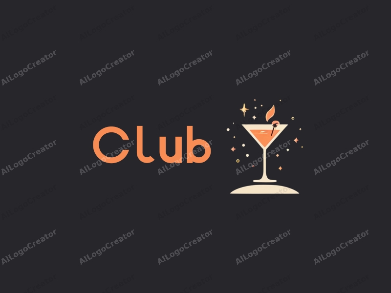 minimalist design features a stylized cocktail glass and a stage, combined with modern design elements representing a club and social interaction, set against a clean black background.