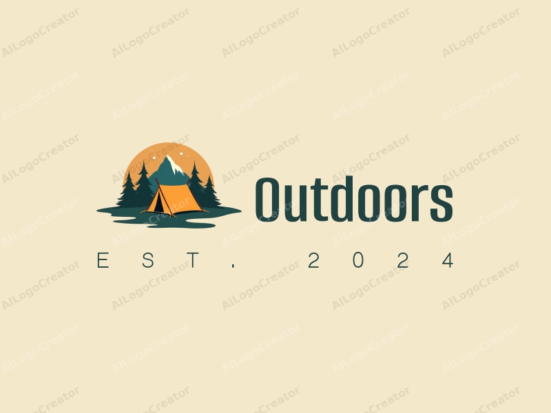 modern design features a stylized camping tent and mountain peak, combined with a clean background and a harmonious composition.