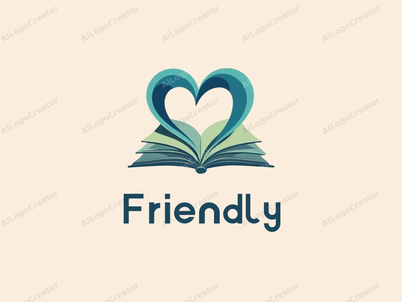 playful design features a heart shape intertwined with an open book, using blue and green colors, creating a friendly and inviting atmosphere with a clean background.