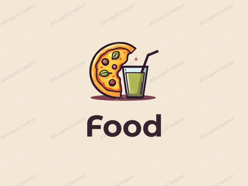 a modern design featuring a vibrant pizza slice and a refreshing beverage, combined with a clean background and a playful arrangement of food elements.