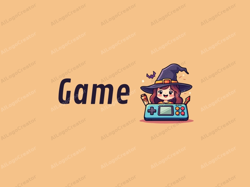 playful design features a whimsical witch character, a stylized game console, and colorful toy elements combined with a clean background.