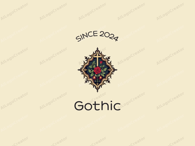 Gothic design features intricate Gothic architecture, stylized Gothic fashion elements, a rose and a cross, combined with a clean background.