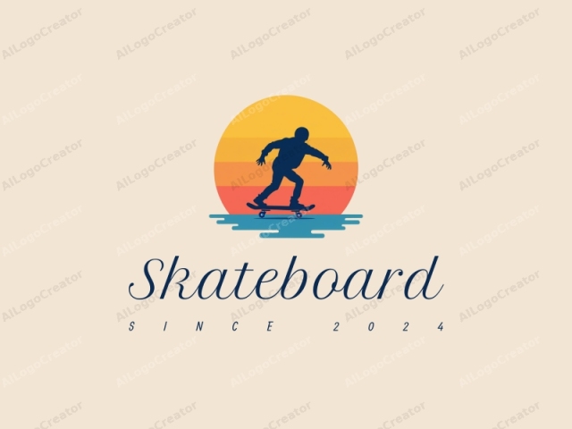 Spaßiges Design mit einer lebendigen Skateboard-Silhouette unter einer hellen Sonne, kombiniert mit einem sauberen Hintergrund und einfachen Formen.