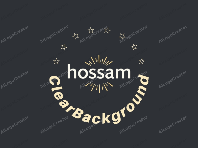 minimalist design features simple text and symbols, a stylized representation of 'hossam' with a halo effect, combined with a clean and transparent background.