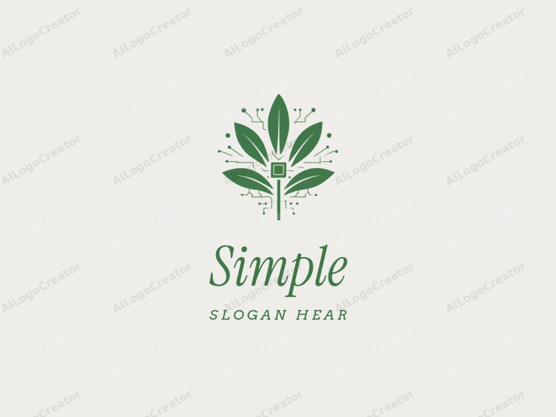 minimalist design features stylized leaves and circuit patterns, combined with leaf blades and chip elements, set against a clean white and gray background.