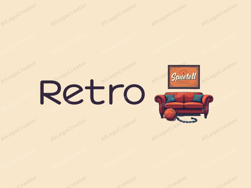 vintage design features a retro sofa and a retro poster, combined with a basketball and chain, set against a clean background.