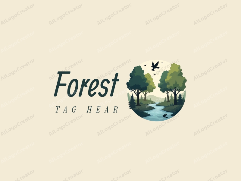 vintage design features lush green trees, a serene stream flowing through a forest, and stylized small birds perched on branches, combined with a clean background.