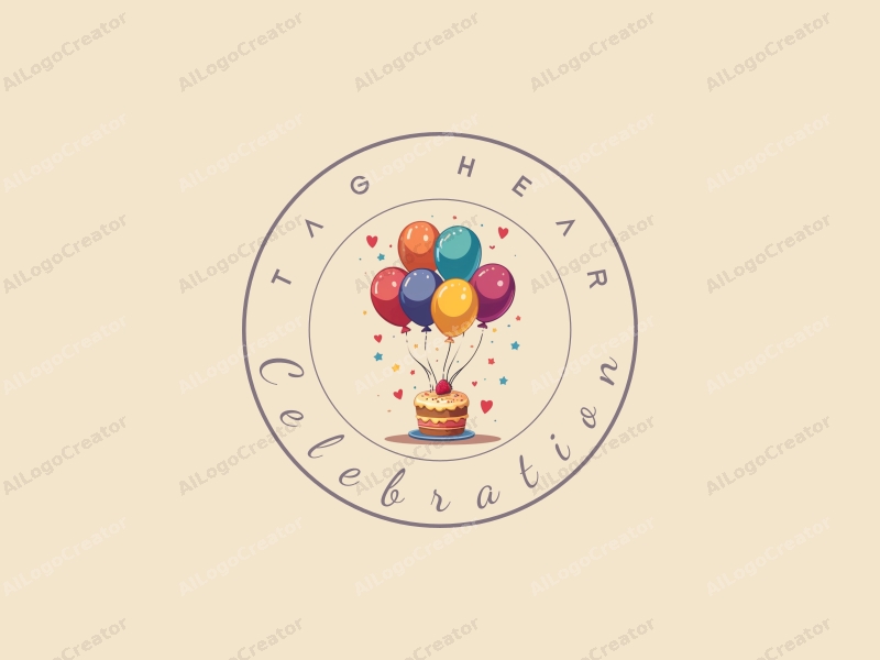 playful design features colorful rainbow balloons, a stylized golden cake, and a festive atmosphere combined with a clean background.