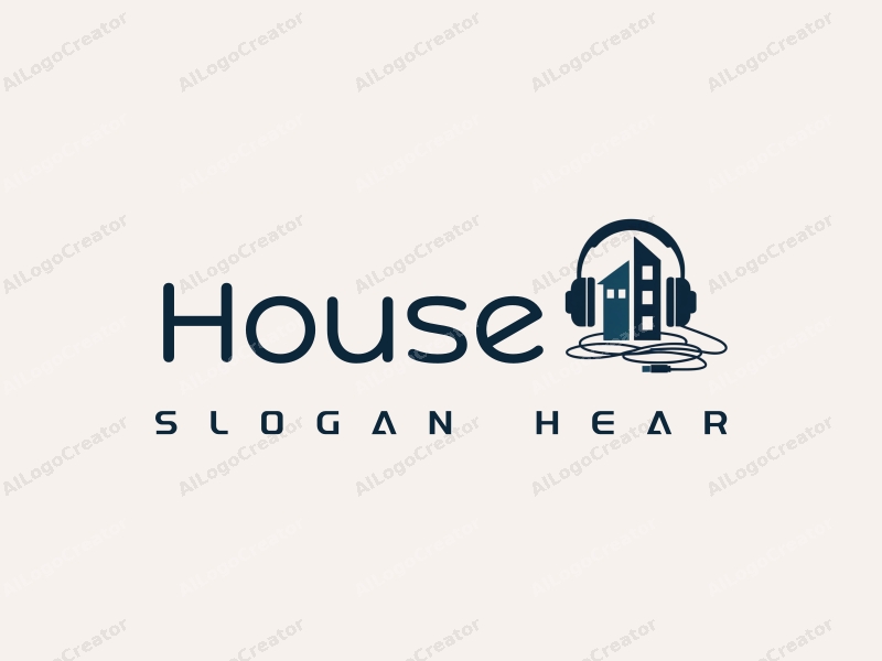 modern design features a stylized house and building silhouette, intertwined with data cables and headphones, combined with a clean background.