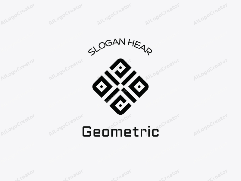 geometric design features a harmonious combination of squares and circles, stylized letters and symbols, with a clean black and white color scheme, creating a modern and minimalistic aesthetic.