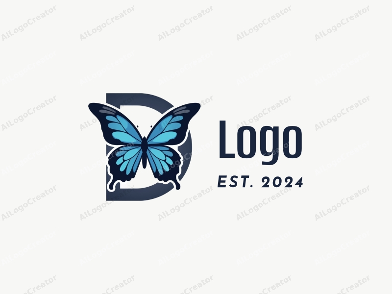 a modern design featuring a stylized butterfly intertwined with the letter D, using a blue and black color palette, combined with a clean and simple background.