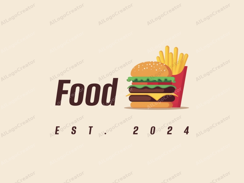 a modern design featuring a stylized burger and fries, with vibrant colors and a clean background, emphasizing the deliciousness of the food in a harmonious and simple composition.