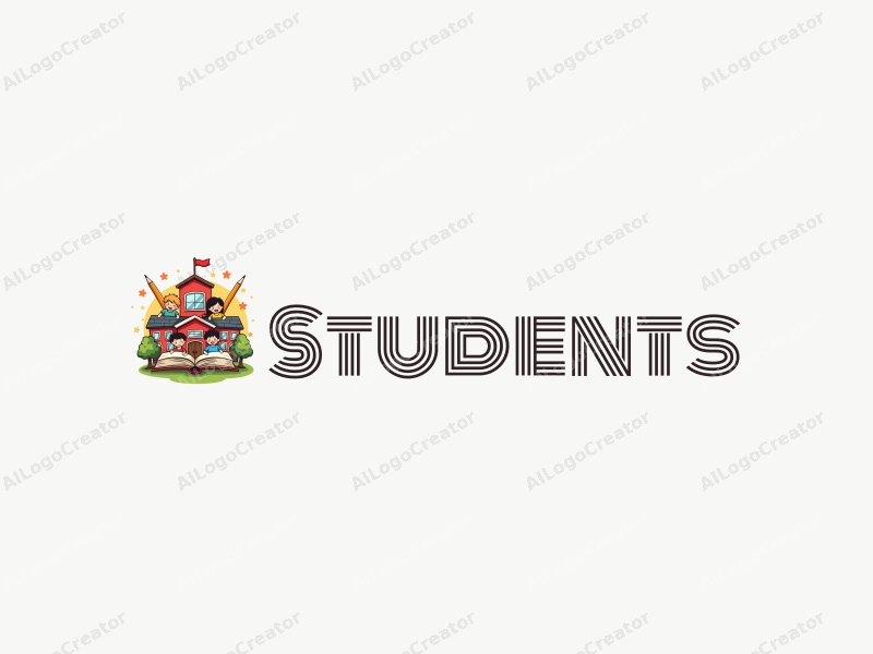 playful design features cheerful students, a stylized school building, open books, and pencils arranged harmoniously with a vibrant background.