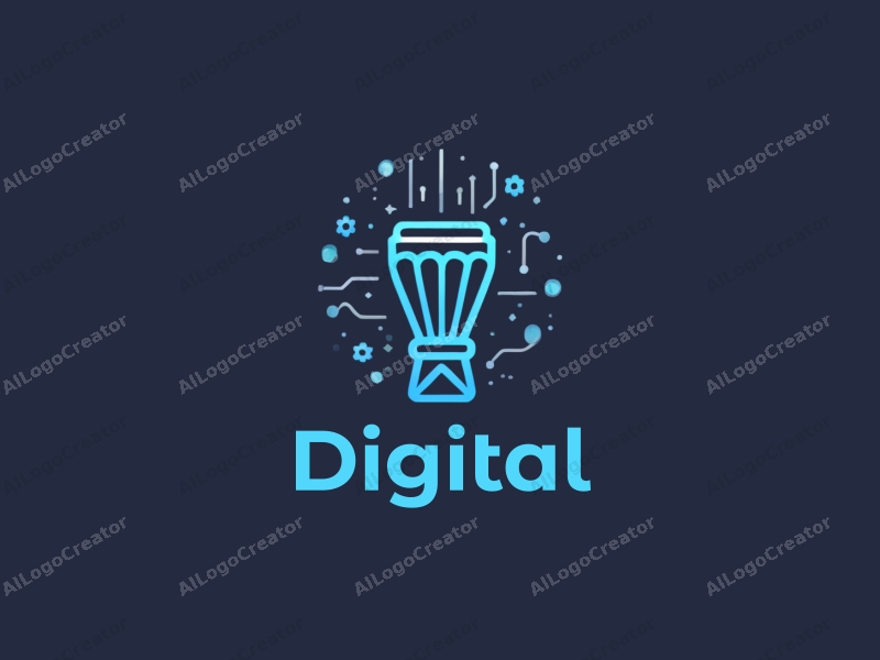 a modern minimalist design featuring digital elements, an African drum, and connection symbols, combined with a clean background in blue and black colors.