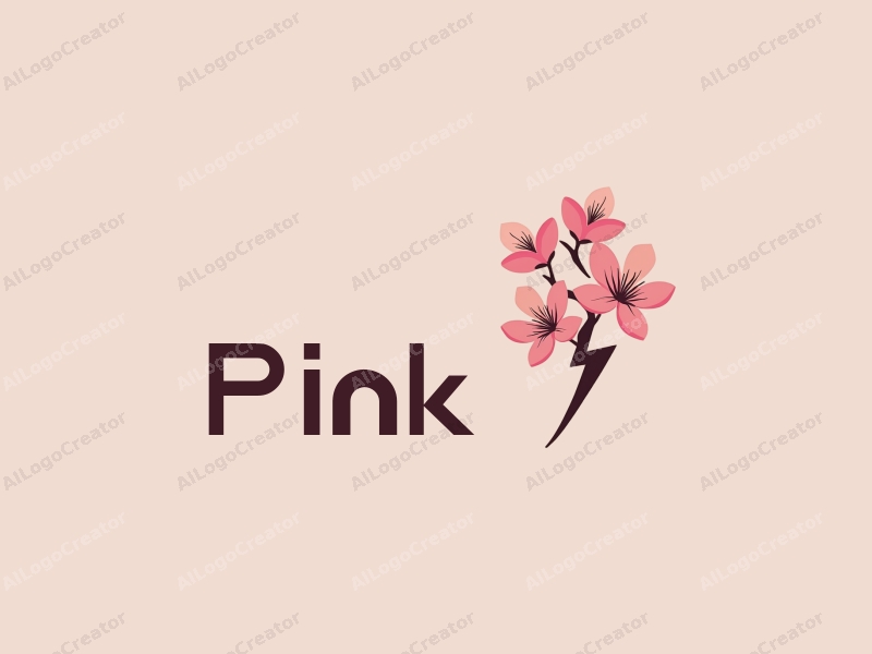 minimalist design features delicate cherry blossoms with petals, integrated with a stylized lightning bolt, combined with a clean background.