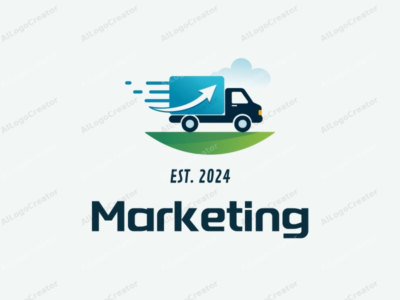 modern design features a stylized truck and an arrow symbolizing marketing strategies, combined with a clean background in blue and green tones.