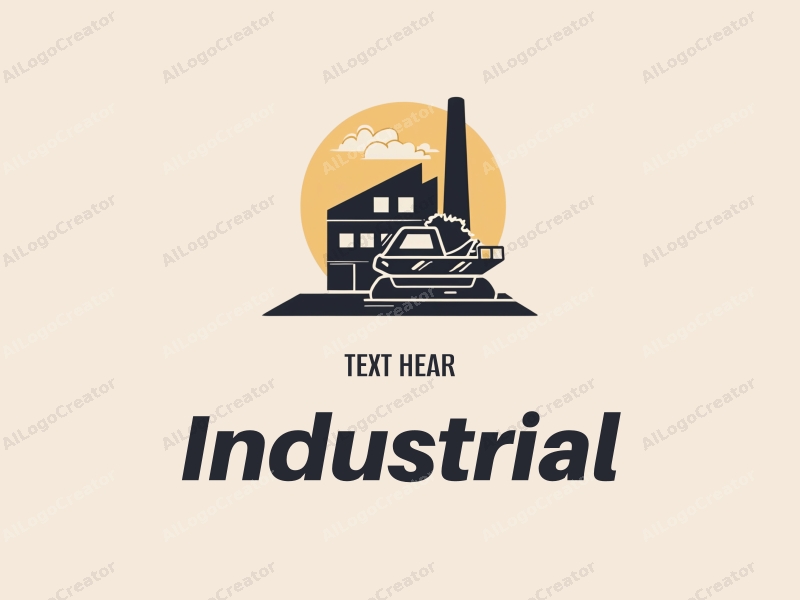 modern design features a stylized factory silhouette, interlocking gears, and a conveyor belt, combined with a clean background.