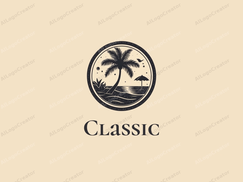 vintage design features classic and traditional elements, incorporating beach and tennis motifs, with a harmonious blend of dark and neutral colors against a clean background.