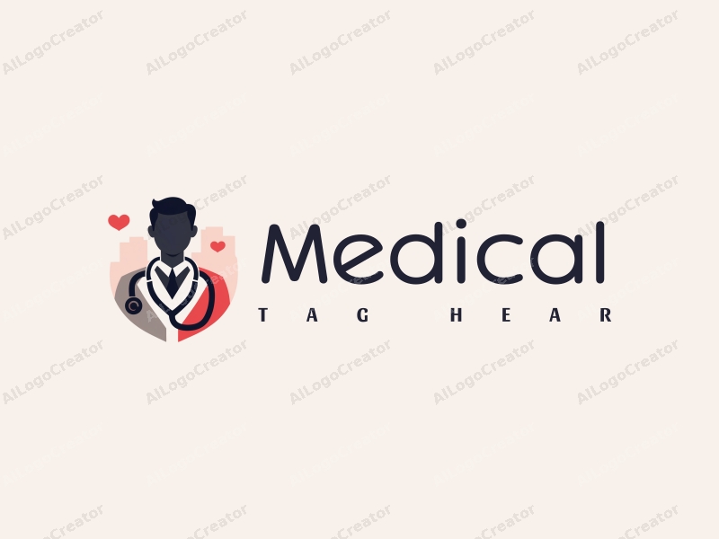 modern design features a stylized hospital silhouette, a doctor figure, a stethoscope intertwined with a heart, combined with a clean background.