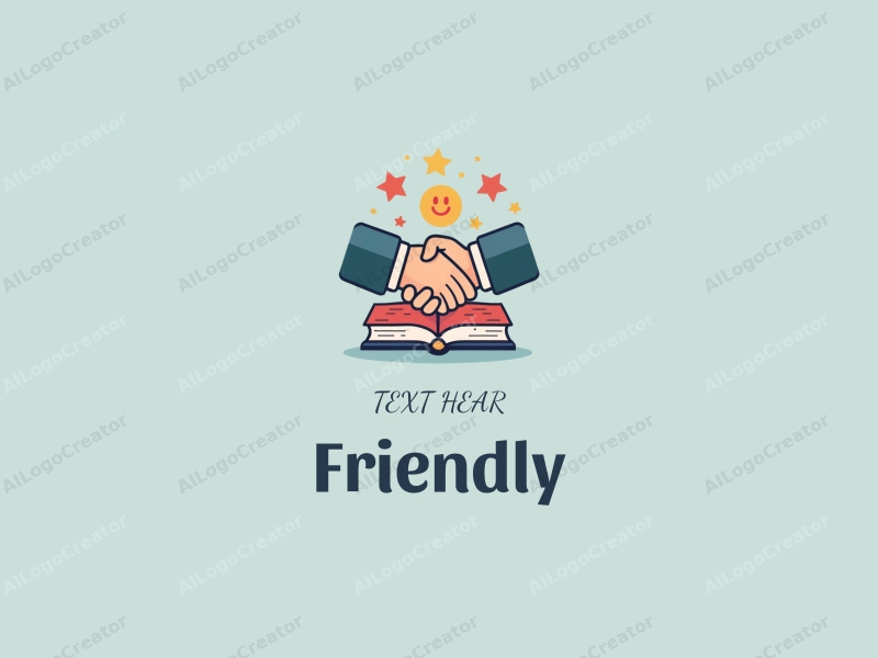 playful design features a stylized book and a handshake, combined with a clean background, emphasizing friendship and community in an educational and social context.