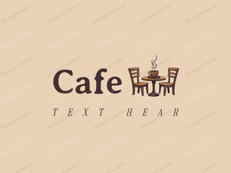 vintage design features a stylized coffee cup on a wooden table, surrounded by simple tables and chairs, combined with a clean background.