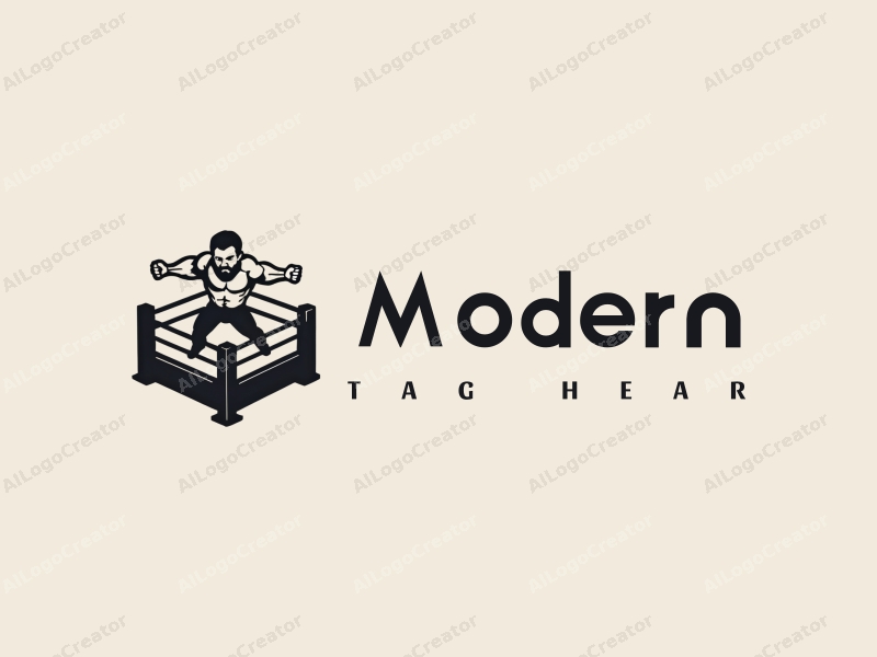 minimalist design features a stylized wrestler in a dynamic pose, integrated with a simple wrestling ring, using a tag style approach combined with a clean background.